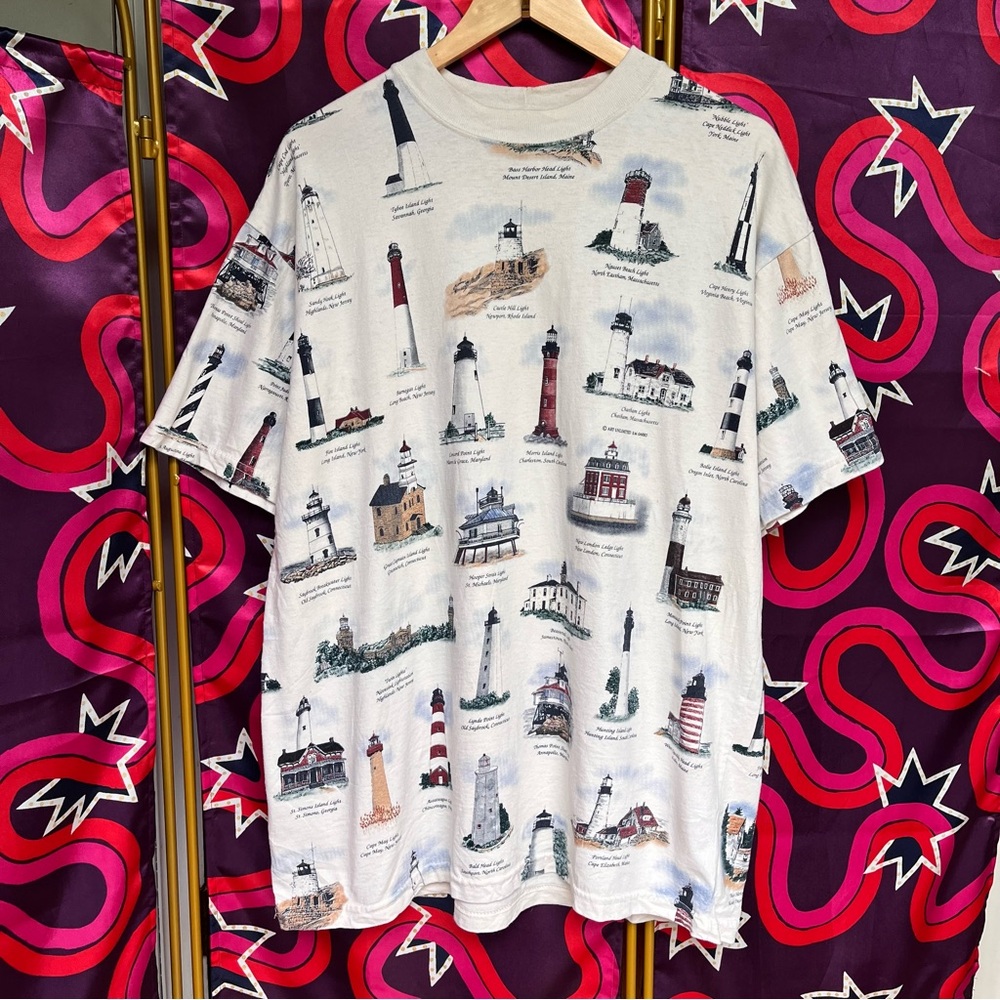 Vintage 90s Art Unlimited East Coast New England Lighthouses All Over Print Tee